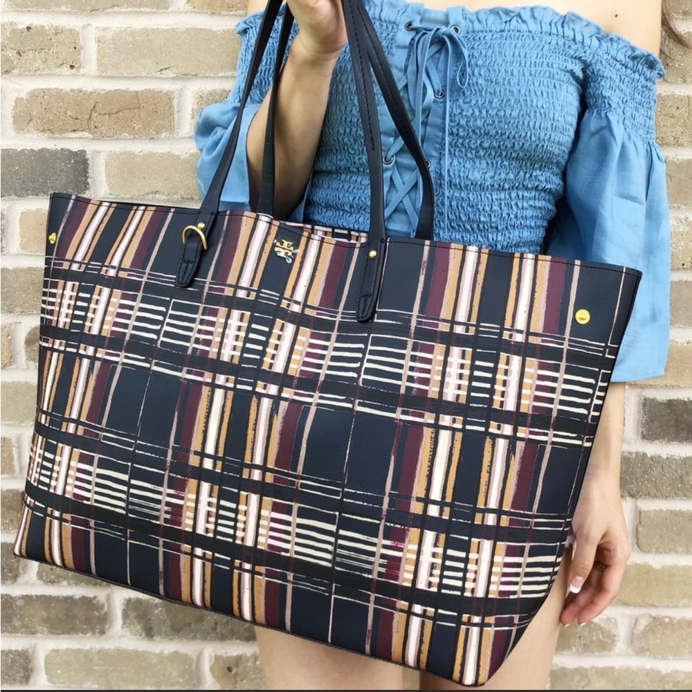 Tory Burch Kerrington large plaid tote.